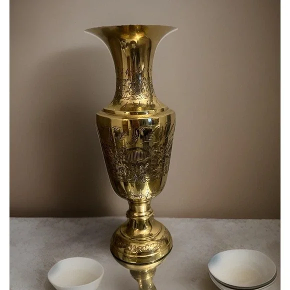 Vintage Brass Engraved Vase Floral Etched Ornate Decor Pedestal Vase India