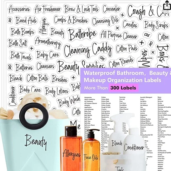 Organization, Beauty & Makeup Stickers / Cursive Bathroom Stickers
