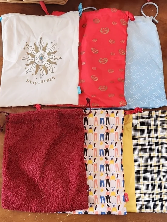 ipsy Drawstring Pouch Set - White, Red, Light Blue, Burgundy, Yellow, Plaid