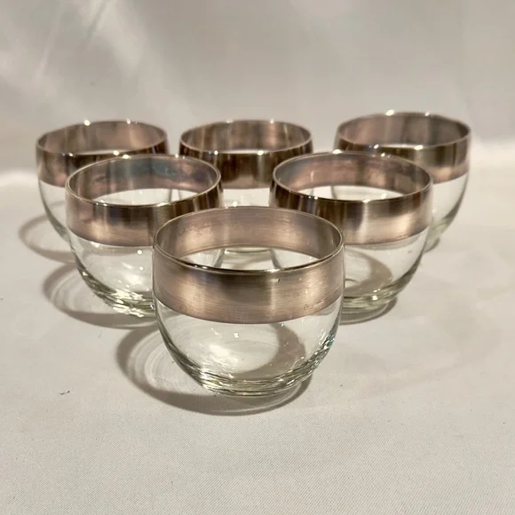 Mid-Century Dorothy Thorpe Rock Glasses Punch Cups Silver Rim Set of 6