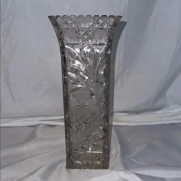 Antique MCKEE Floral Crystal Heavy Glass Vase with Etched Flowers and Leaves