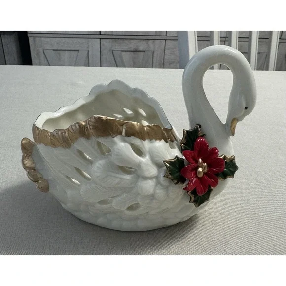 Vintage Swan Planter Bowl White Ceramic Gold Trim Poinsettia Christmas‎ Decor