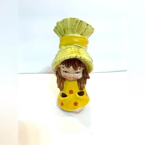 VTG Lefton Girl Head Vase Yellow Polka Dot 1960’s *Chipped * Read! MCM Style