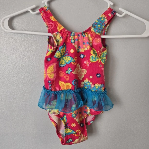 Fisher-Price Baby Girl One-Piece Swimsuit 18M Pink Butterfly Floral Blue Ruffle