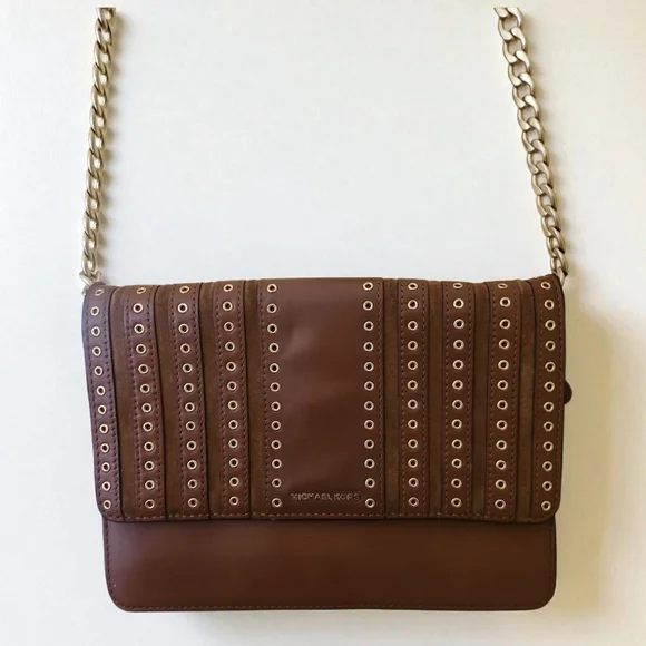 Michael Kors Brooklyn Leather Suede Brown Grommet Crossbody Bag