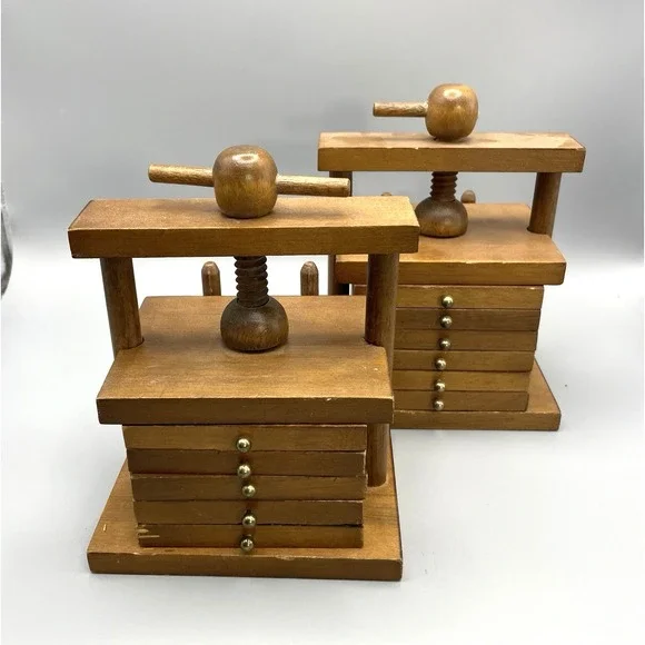 VTG (2) 70's Wine Press Wood And Cork Coaster Set Cork Screw Vice MCM Table Top