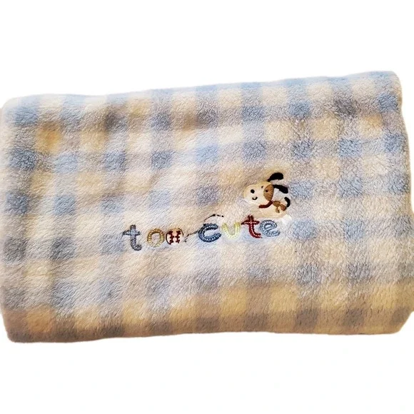 Just One Year Carters Too Cute Dog Blue White‎ Check Plaid Gingham Baby Blanket