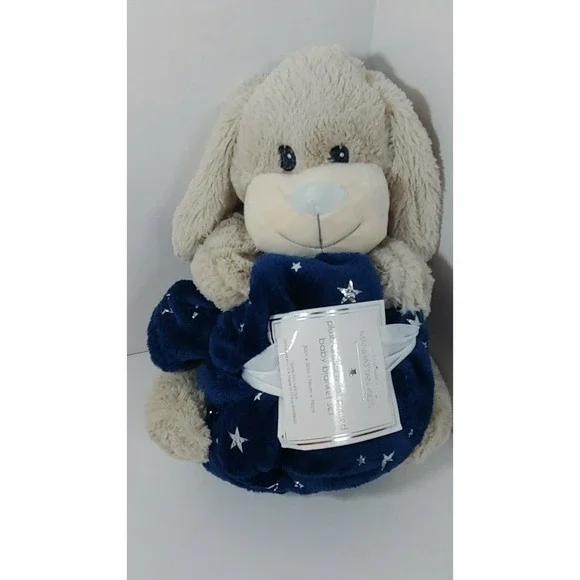 Manhattan Kids plush tan puppy dog holds blue silver stars baby blanket gift set