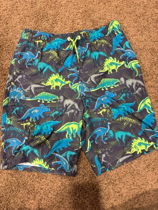 wonder nation Boys' Swim Trunks - Navy, Bright Blue & Neon Green Dino Print