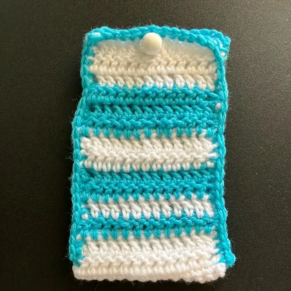Handmade Crochet Cell Phone Holder Pouch Eyeglass Case Blue White Striped Yarn