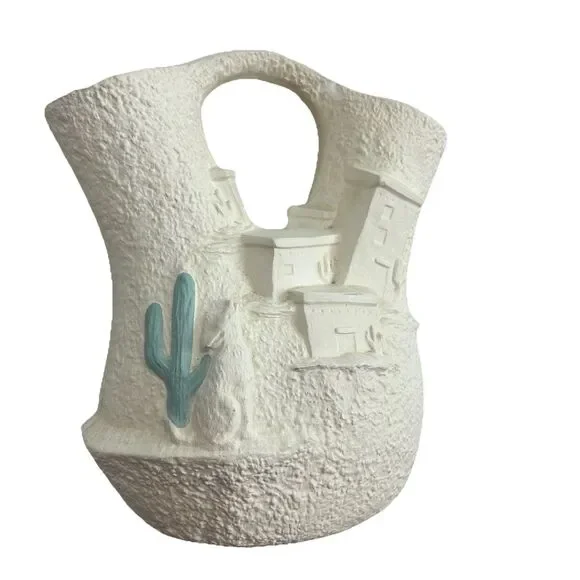Southwest Pueblo Village Pottery Vase Planter White Textured Decor 8”