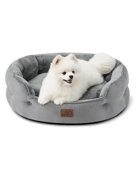 Bedsure Round Bolster Anti Slip Pet Bed Washable Pillow Cushion Gray Plush Soft