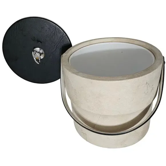 1960s Cream Retro Moldtronics Inc. Ice Bucket Faux Leather MCM Vintage Barware