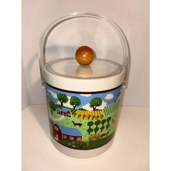 Vintage Folk Art Farm Scene Ice Bucket Insulated Acrylic Handle Wood Knob Lid
