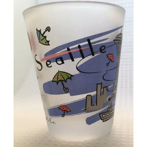 Seattle WA Space Needle Umbrellas Tourist Souvenir Shot Glass Frosted