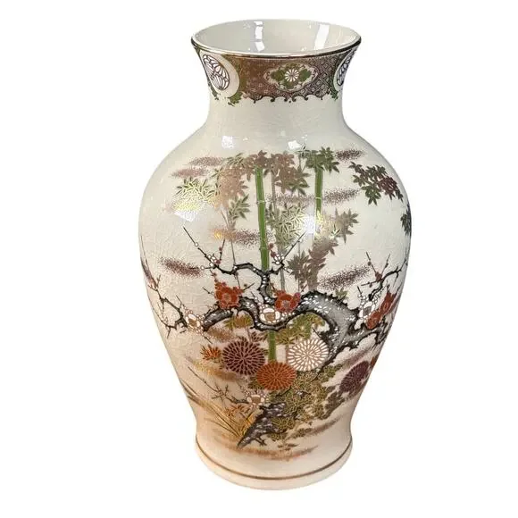 Vintage Japanese Satsuma Vase hand painted porcelain crackle finish gold trim 12