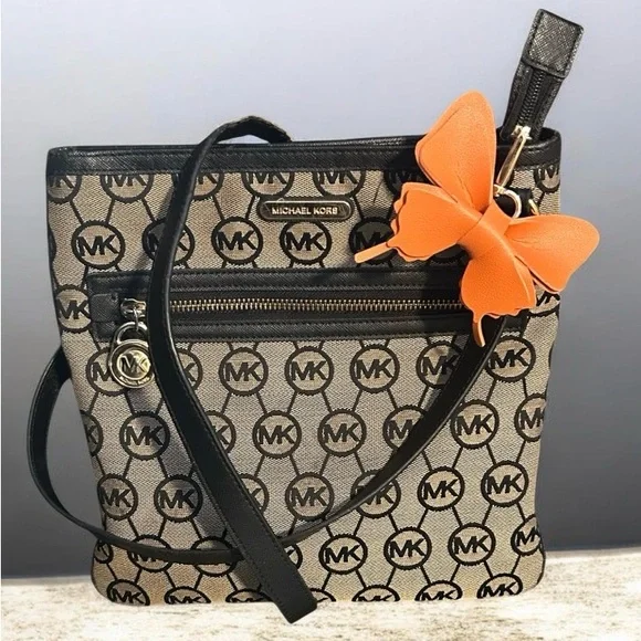 Michael Kors Tan and Black MK Signature Crossbody Bag