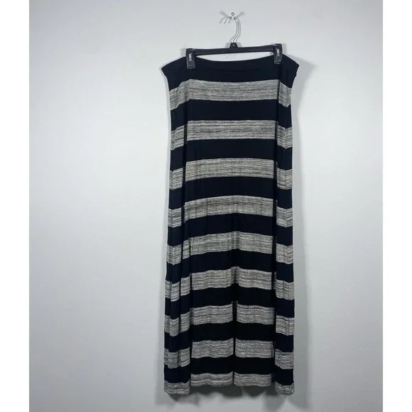 Michael Kors Striped Knit Maxi Skirt‎ Women's L Black Gray Pull-On Elastic Waist