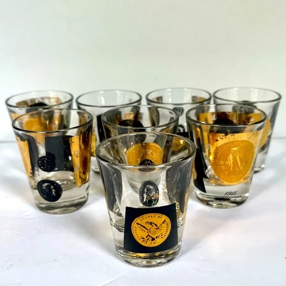 8 VTG Shot Glasses MCM Cera Glass Coins Gold Black Barware Mid-century Modern