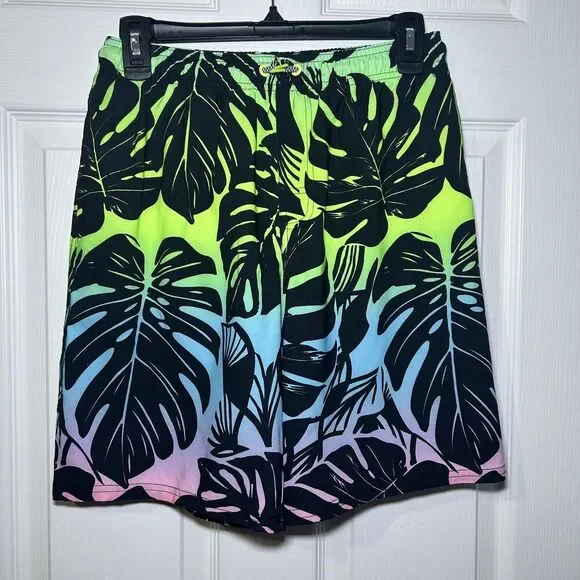 Wonder Nation Swim Shorts Boys 14-16 Multicolor Tropical Leaf Board Trunks Lined
