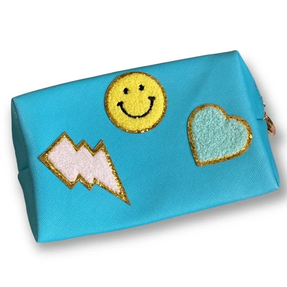 Small Toiletry Make Up Bag Blue Patches Y2K Style Preppy Gift Teen Preteen