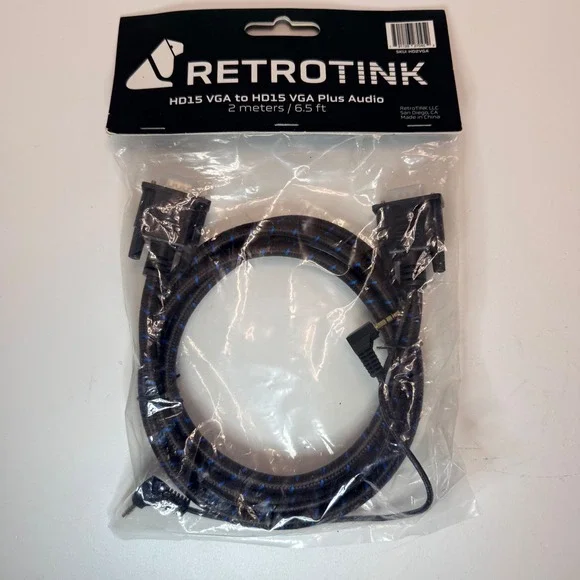 RetroTINK HD15 VGA to HD15 VGA Plus Audio Cable 2 Meters 6.5ft Braided HD2VGA