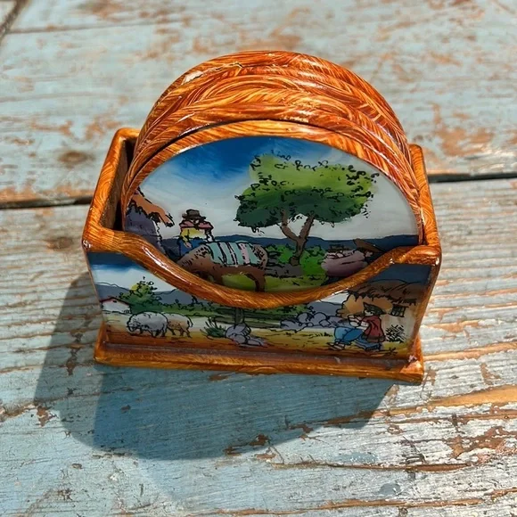 Hand Painted South American Folk Art Wooden Coasters - 6 Peru Scenes Vintage!
