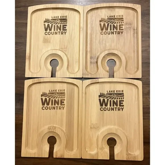 NEW Greenophile Set Of 4 Wine Bamboo APPETIZER Plate Wine Glass Holder Lake Erie