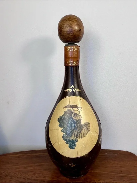 Florence Italy Fausto Corduri Leather Wrapped Decanter Bottle Grapes Vintage