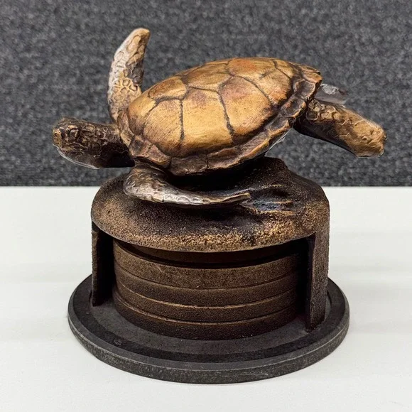 Sea Turtle Coaster Set with Holder Bronze Tone Nautical Coastal Decor 5pc Set