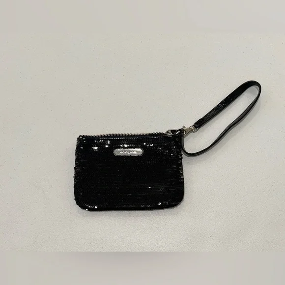 Michael Kors Womens Sequin Clutch Coin Purse Handbag Black Small Zip Lined Logo