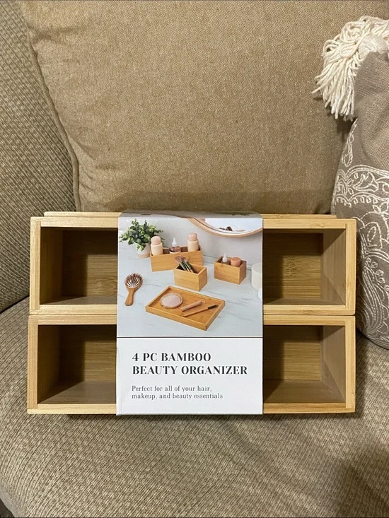 4-Piece Bamboo Makeup Organizer - Natural