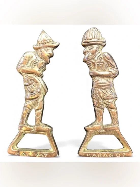 Two Vintage Karagoz & Hacivat Figures Brass Bottle Openers - Barware - Turkey