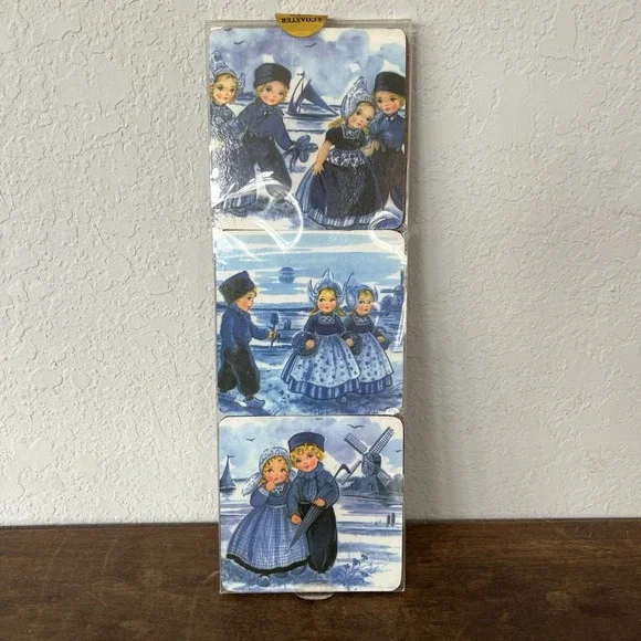 6‎ Dutch Scenes Blue Boy and Girl Cork board Back Drink Coasters Barware Decor