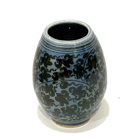 Vintage Art Pottery Mini or Bud Vase Handpainted Blue Brown Floral Glossy Signed