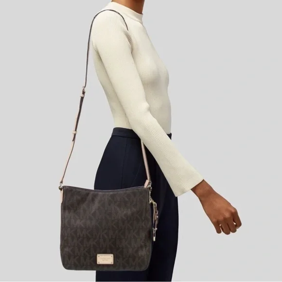 Michael Kors Brown Logo Printer Leather Crossbody Bag Medium Size