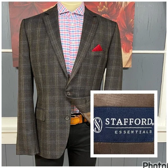 Stafford‎ Blazer Jacket Sport Coat Mens 44L Long Slim Fit Wool Polyester Flannel