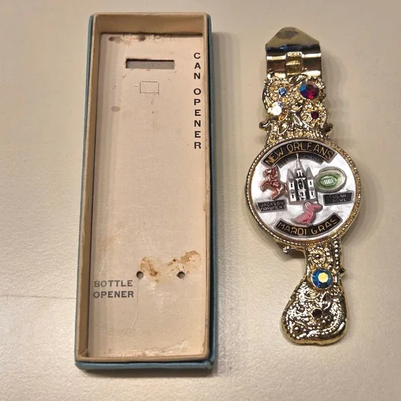 New Orleans Mardi Gras Can Bottle Opener Souvenir Rhinestone Gold‎ Tone