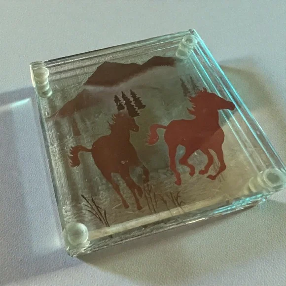 Vintage Western Horse Glass Coasters Set of 4 Rustic Mountain Cabin Decor 4x4