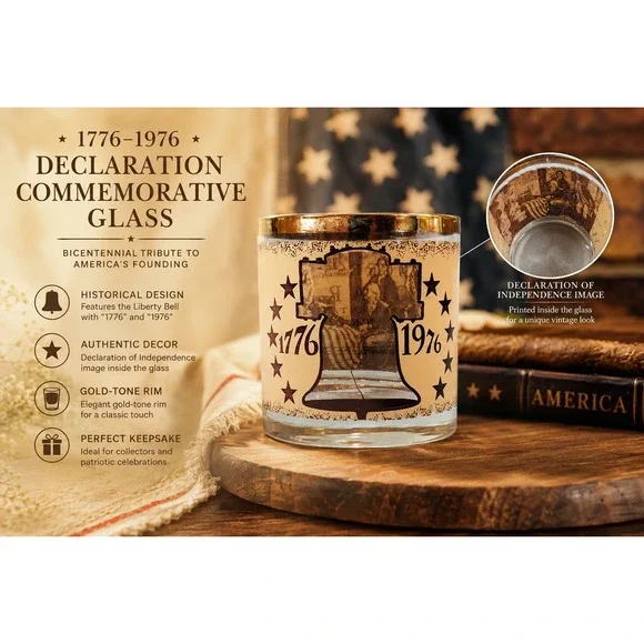 Vintage 1976 Bicentennial Liberty Bell Rocks Glass Gold Rim Whiskey Tumbler