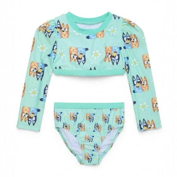 Bluey Toddler 2T Long Sleeve Rash Guard Bikini Set Mint Floral