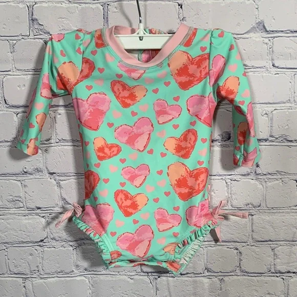 Ruffle Butts Baby Girls Long Sleeve Swim Suit Heart Pink & Blue Size 3-6M Beach