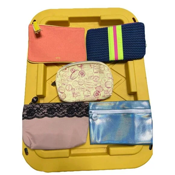 Ipsy Lot of 5 Zippered Makeup Bags Multicolor Fabric Faux Leather Polyester Lace
