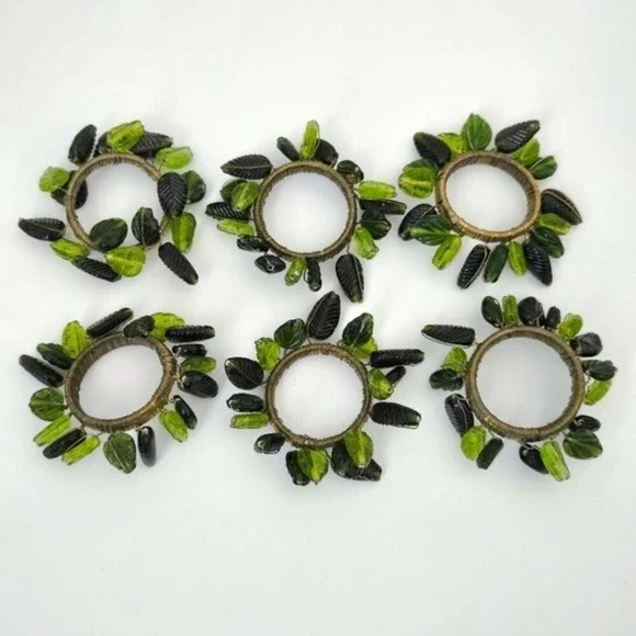 SET OF 6 Crate & Barrel Green Beaded Leaves & Gold Napkin Rings