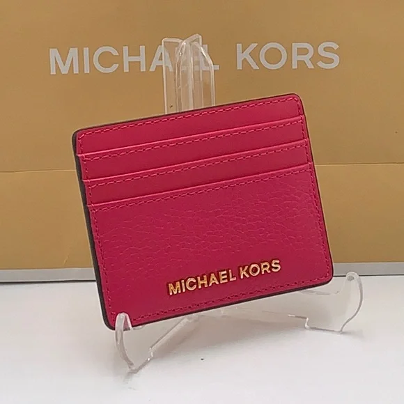 MICHAEL KORS Large Pebbled Leather Card Holder Case Electric Pink NWT