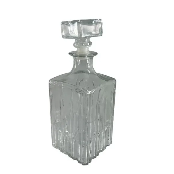 Vtg Clear Glass Square Decanter Bottle Bar Liquor Italy Stopper 9.25
