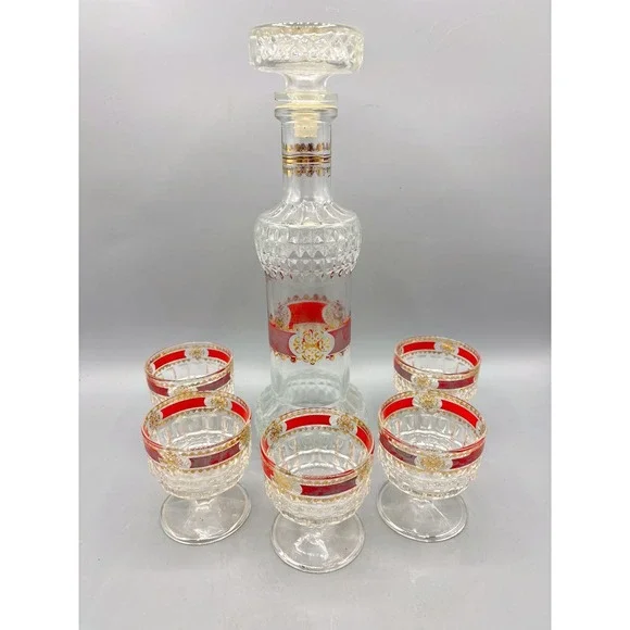 Vintage Red Gold Filigree Glass Decanter Set with 5 Cordial Glasses Bar EMPTY