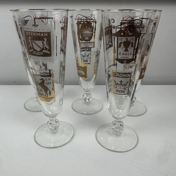 Vtg 1960s Libbey Heraldic Pub Pilsner Glasses Set 5 MCM Footed Colonial Tavern