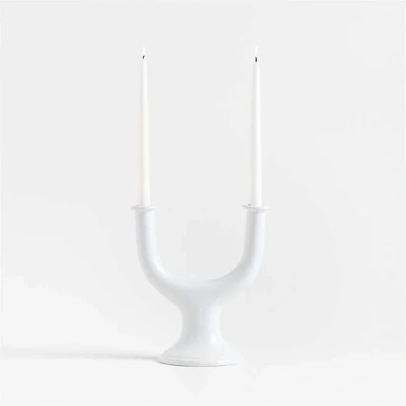 CRATE&BARREL NWT valla white ceramic 2 taper candle holder -11.5”