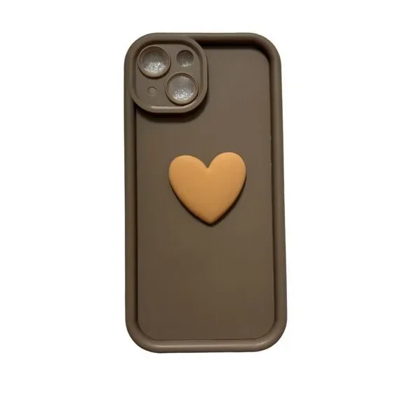 Iphone 15 Brown 3D Heart Silicone Phone Case